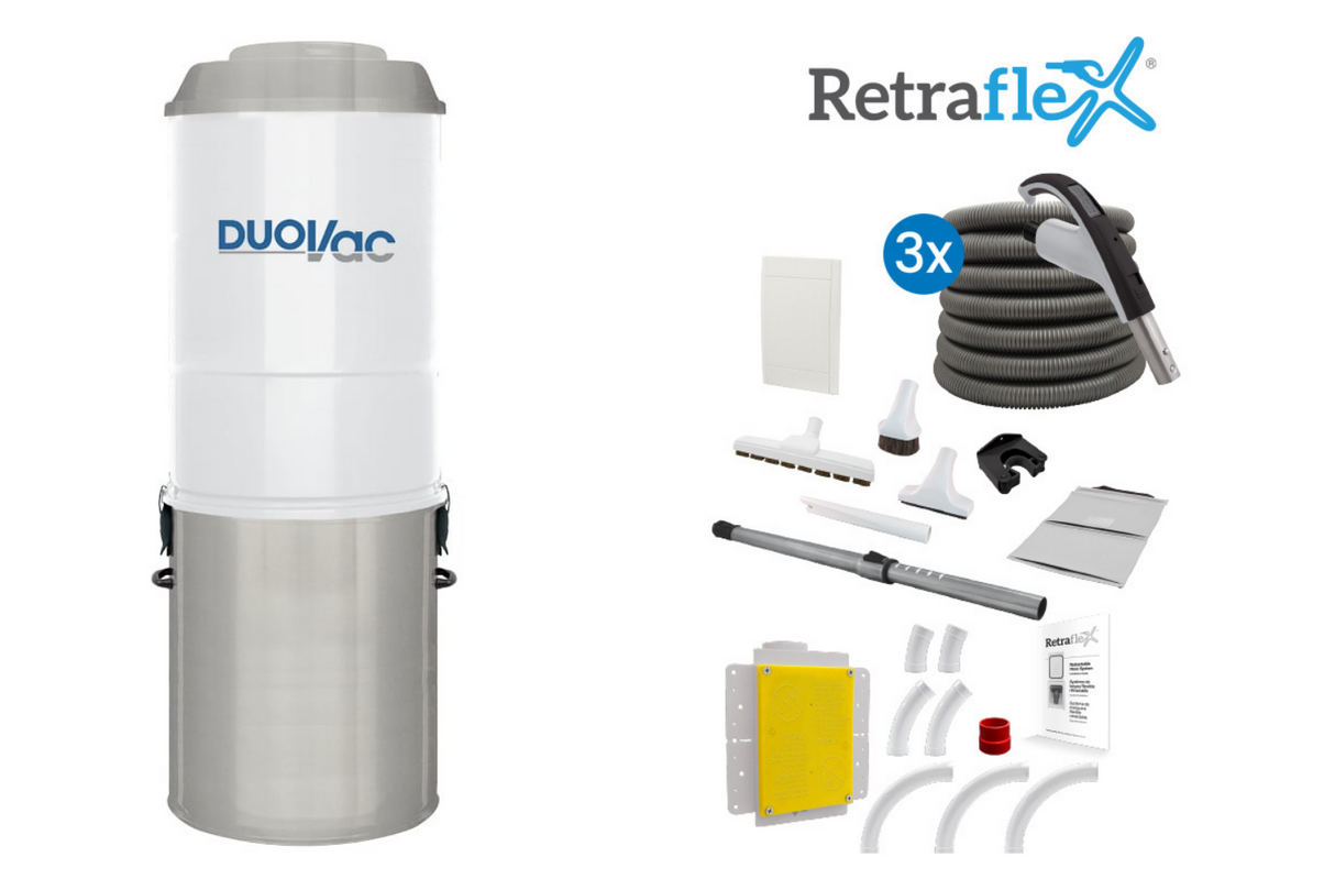 Duovac Distinction Hybrid + 3-Inlet Retraflex® Complete Bundle | New Construction Central Vacuum for Homes up to 12,000 ft²
