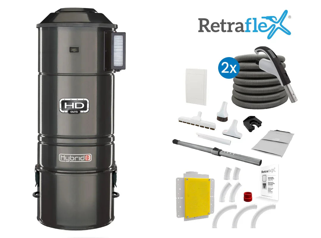Central vacuum HD925 hybrid with 2 Retraflex retractable hose inlets including attachments and the installation kit - SamVac Plus