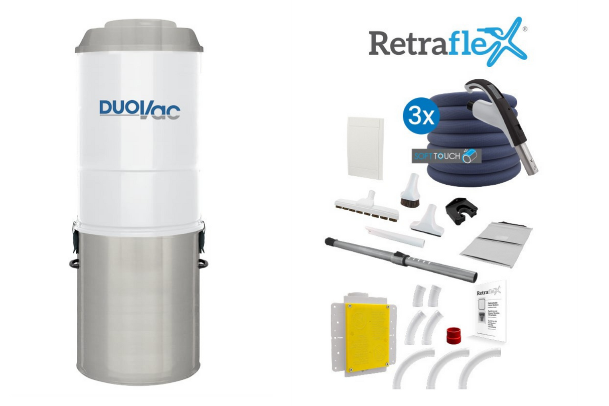 Duovac Distinction Hybrid + 3-Inlet Retraflex® Complete Bundle | New Construction Central Vacuum for Homes up to 12,000 ft²