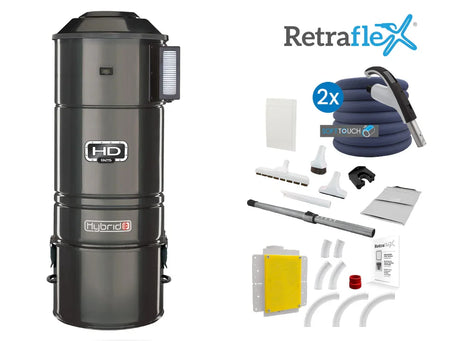 Central vacuum HD925 hybrid with 2 Retraflex retractable hose inlets including attachments and the installation kit - SamVac Plus
