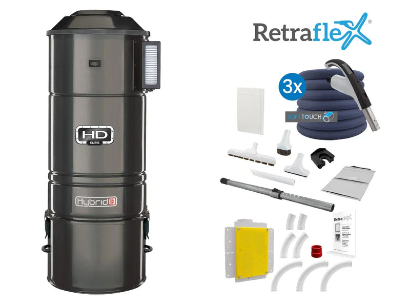 Central vacuum HD925 hybrid with 3 Retraflex retractable hose inlets including attachments and the installation kit - SamVac Plus