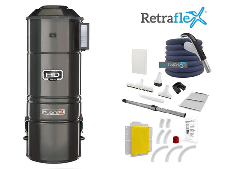 Central vacuum HD925 hybrid with 1 Retraflex retractable hose inlet including attachments and the installation kit - Softtouch hose - SamVac Plus